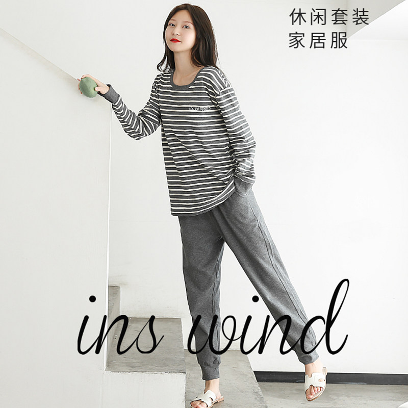 Spring and autumn pure cotton long-sleeved suit pajamas women's round neck striped couple two-piece home clothes loose and casual can be worn outside