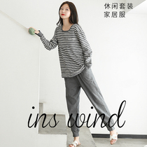 Spring Autumn Pure Cotton Long Sleeve Suit Pyjamas Womens Round Neck Striped Couple Two Sets of home Casual Casual Wear and Exterior Wear