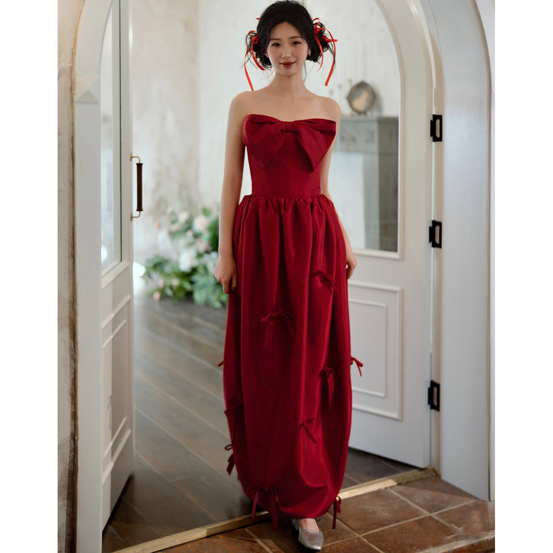 Red Strapless Engagement Dress, Bridal High-End Morning Gown, Wedding Banquet Bow Tie Toast Dress, Homecoming Dress