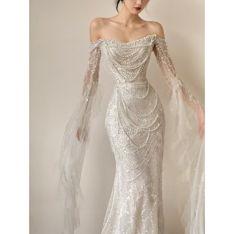One-Shoulder Light Wedding Dress for Women, High-End Heavy-Duty Bridal Engagement Dress, Mermaid Skirt, Light Luxury Niche Style, Wedding Reception Dress