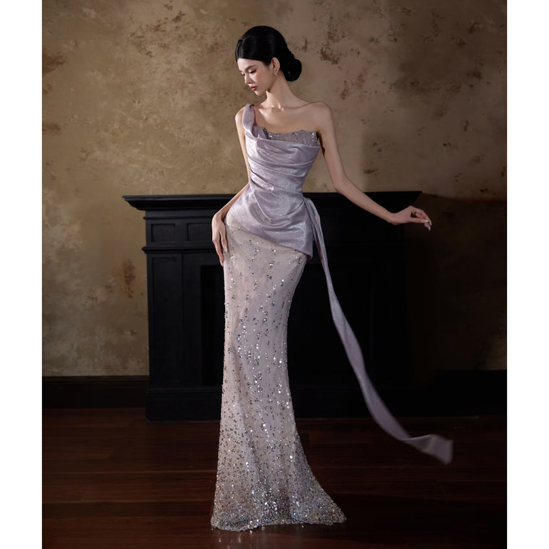 Purple Fishtail Dress, Stunning and Elegant, Host Evening Dress, Sequined High-End Bridal Wedding Robe, Toast Dress