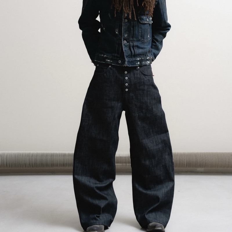 No Faith Studios Japan Exclusive Red-Edged Raw Denim Scimitar Baggy Three-Dimensional Button Jeans