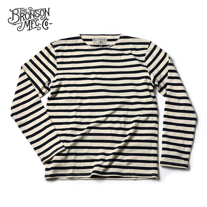 Bad Dog Horizontal Striped Sailor Shirt Men's Vintage Blue and White Boat Neck Heavy T-Shirt Long Sleeve Thickened T-Shirt