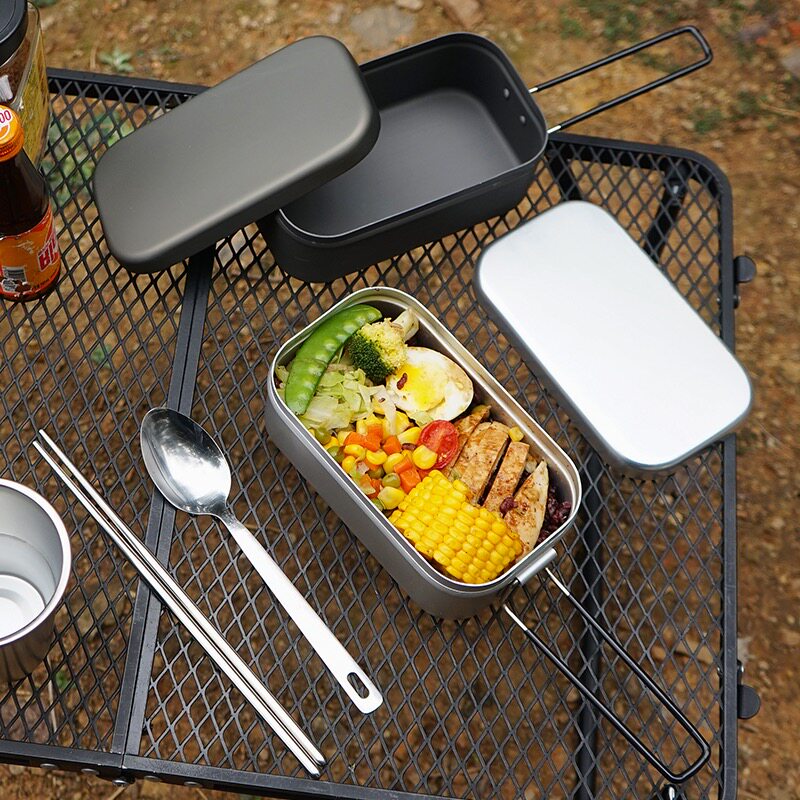 Camping folding handle aluminum lunch box Outdoor mountaineering lightweight portable canteen lunch box Picnic steamed vegetable lunch box