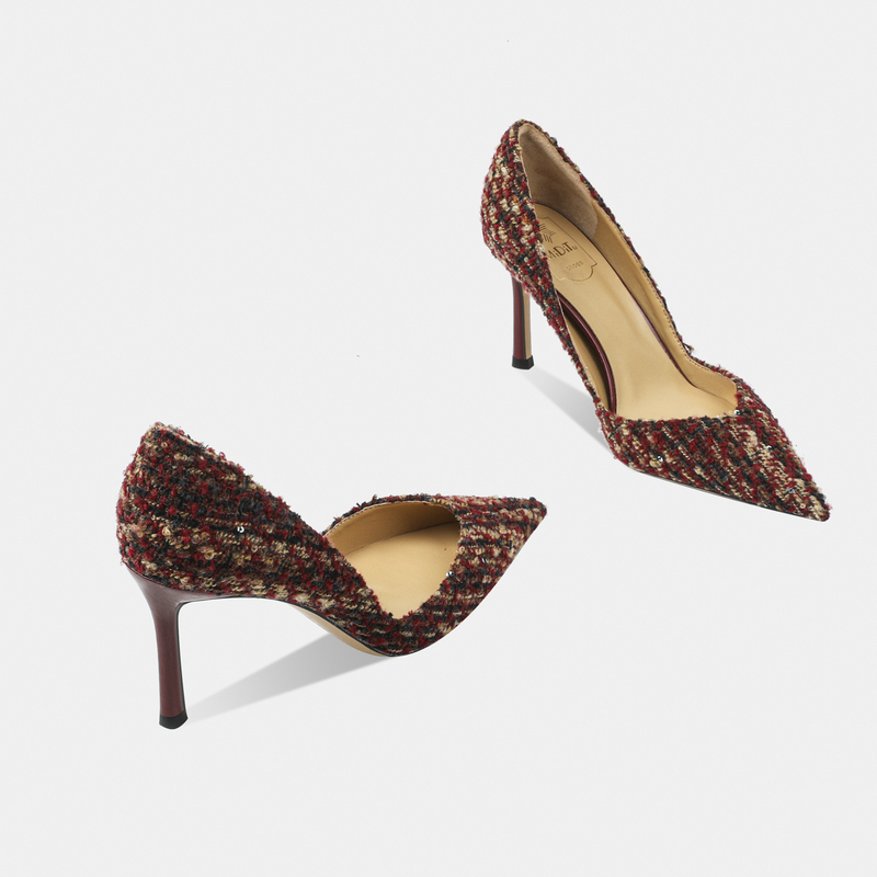 French-Style Elegant Lady High-Heeled Shoes for Women, Thin Heels, New 2026 Model, Plaid Chanel-Style, Suitable for Pairing with Dresses, Mature Single Shoes