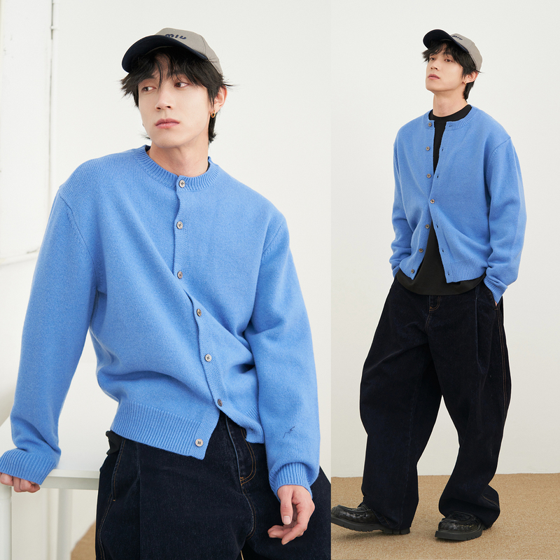 Horizon Men's Clothing [Imported Merino Wool Soft Double-Ply] Contoured Crew Neck Sweater/Cardigan Thick