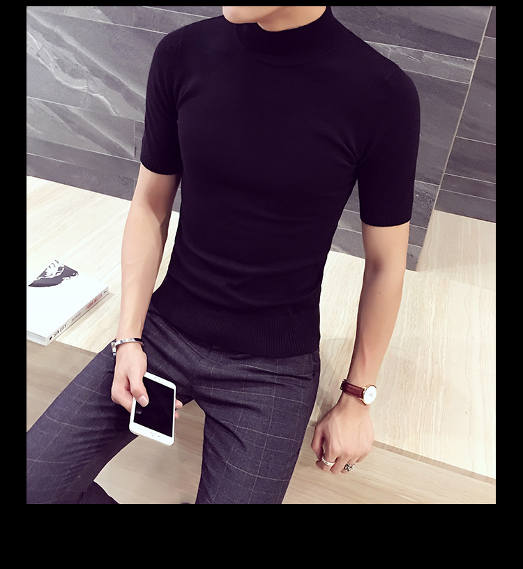 New solid color nửa cao cổ áo đáy áo Slim nam áo len nửa tay t-shirt tee áo thun nam quần áo