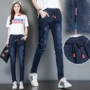 Quần thun lưng lửng size lớn màu đen cộng với quần jeans nhung nữ Hàn Quốc phiên bản xuân hè thu eo cao là quần lửng mỏng hậu cung chất béo mm thủy triều quần jean nữ lưng cao