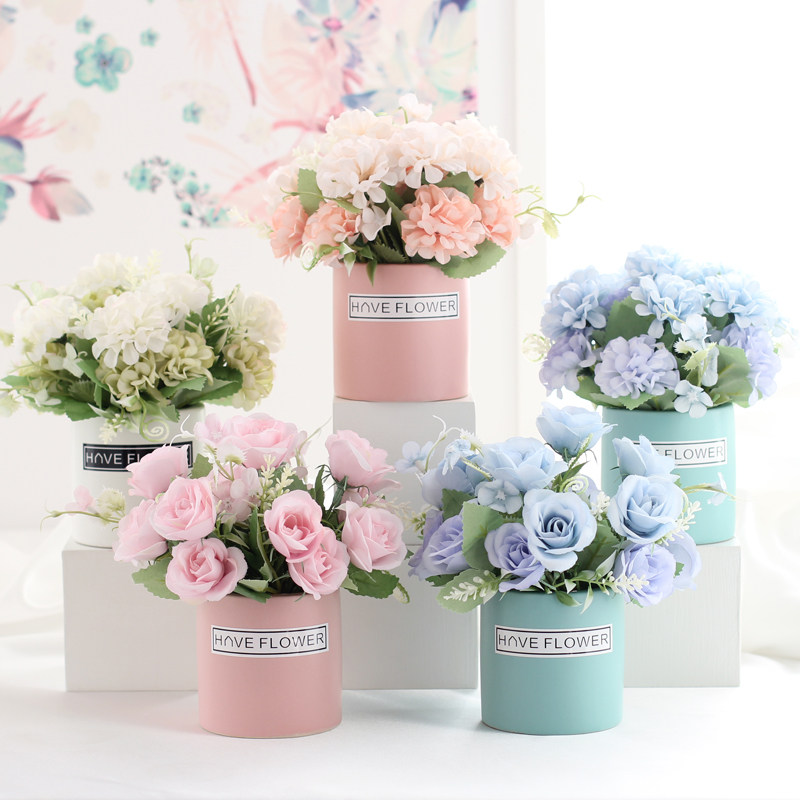 Simulation fake flower rose small potted bonsai home living room dining desk ornaments Mini decorative silk flower arrangement set