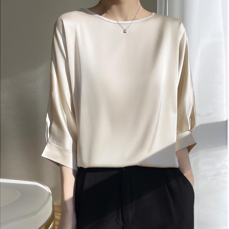 100% Mulberry Silk Three-Quarter Sleeve Silk T-Shirt Women's Short-Sleeved Summer New Loose Top Fashionable T-Shirt K-Style