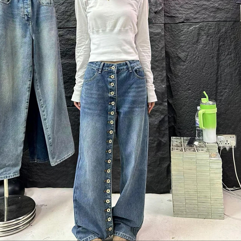 2026 New Korean Style Retro Trendy Pants with Trendy Button Design, Slim Fit, Narrow Straight-Leg Denim Trousers for Women 2026 New Korean Style Retro Trendy Pants with Trendy Button Design, Slim Fit, Narrow Straight-Leg Denim Trousers for Women