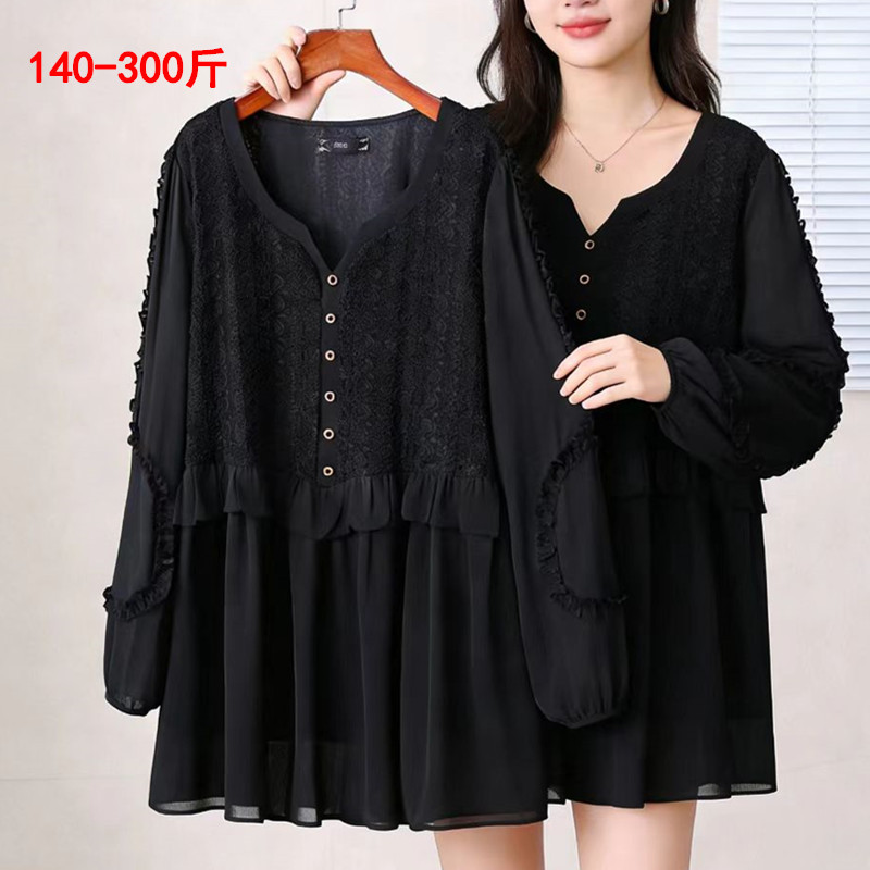 Extra Large Size, Stylish and Slimming Long-Sleeved V-Neck Chiffon Shirt T-Shirt for Women 150kg Spring and Autumn Korean Style Plus-Size Loose Shirt Top