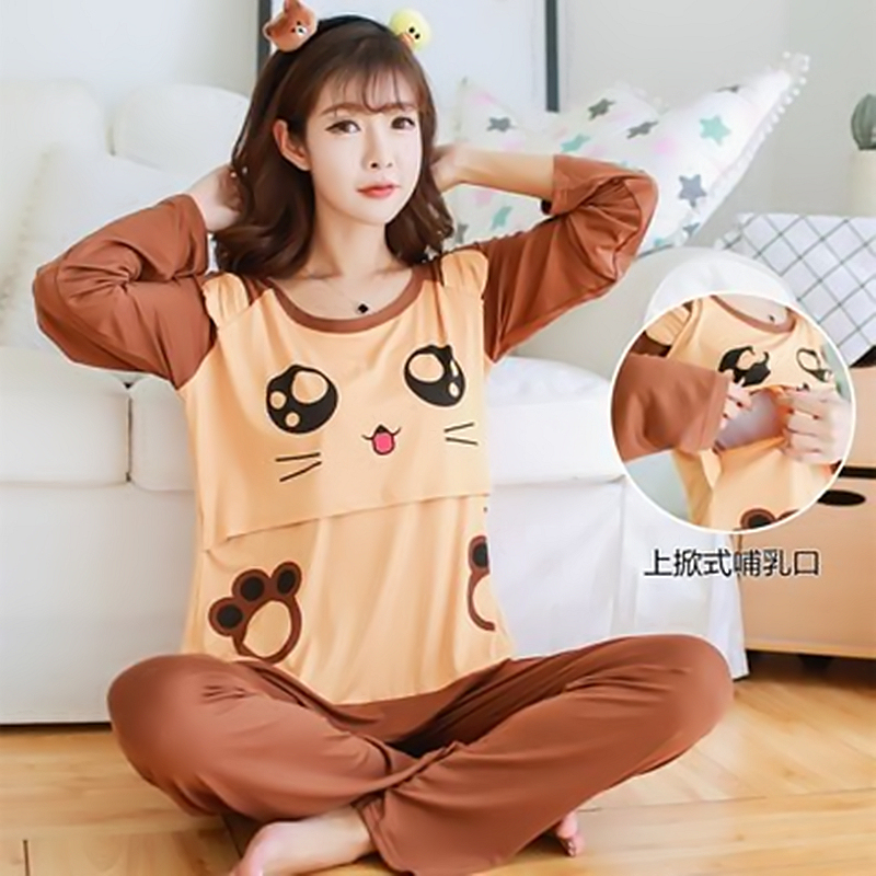 Spring and Autumn Nursing Fashion Maternity Pajamas, Summer Postpartum Breastfeeding Thin Sweat-Absorbent Set, Women's Pure Cotton Confinement Clothes