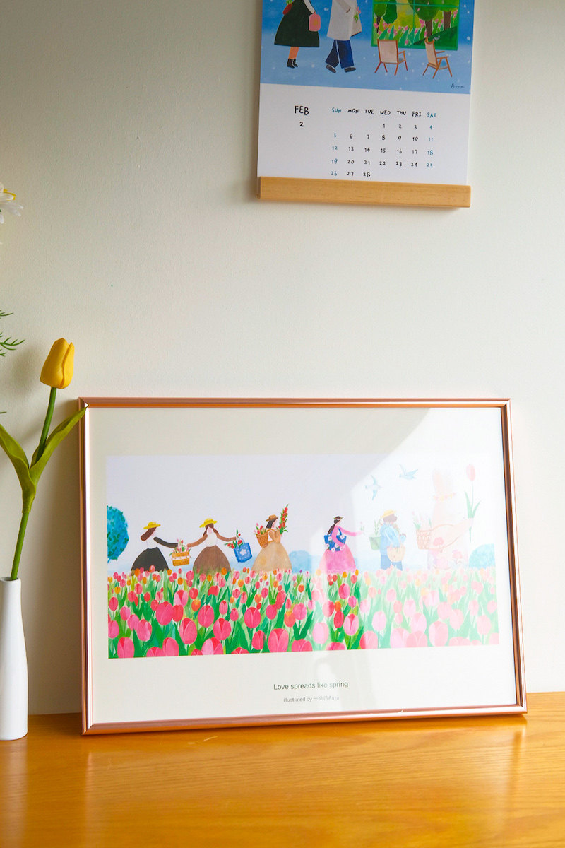 恋は春のように広がる A3ポスター 装飾画 春 女の子のハート イラスト