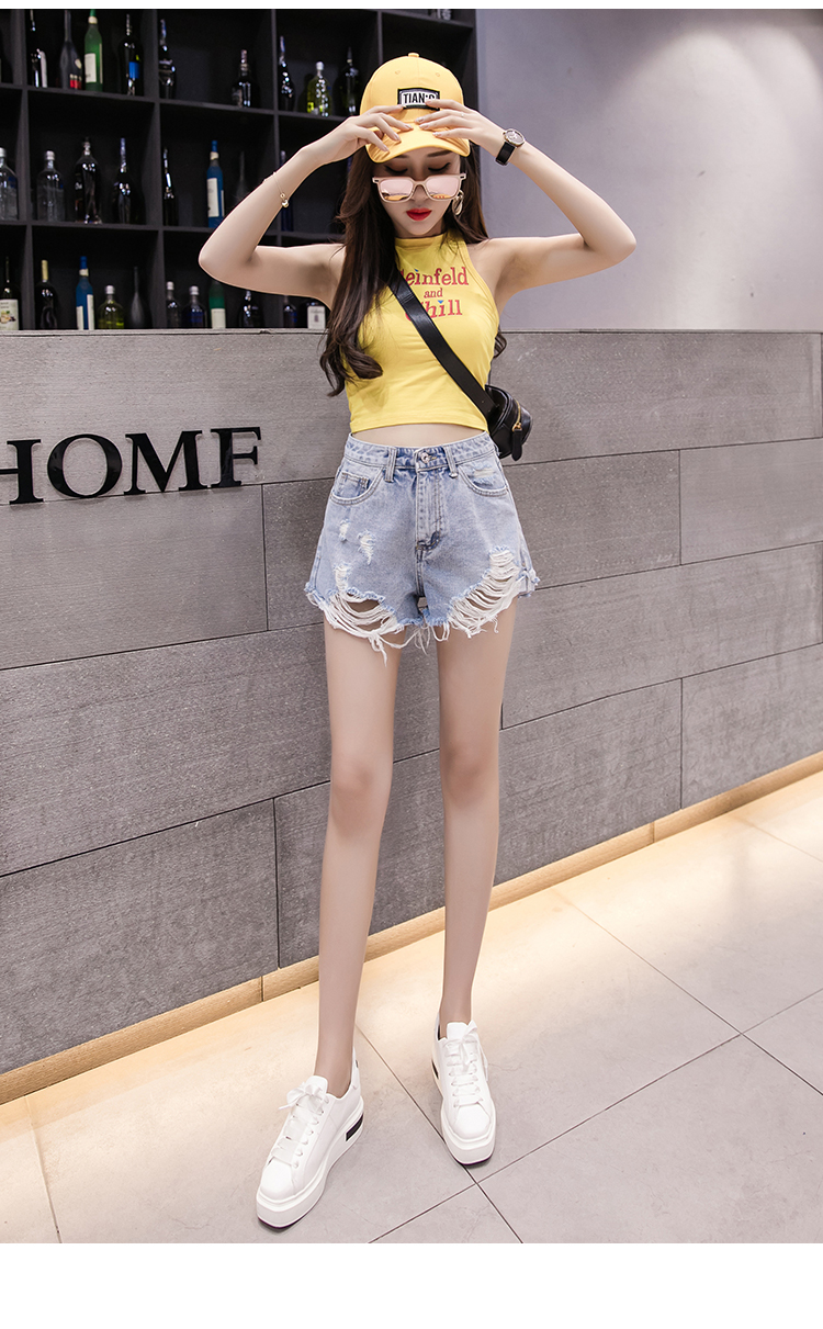 VK旗艦店 韓國風時尚百搭氣質寬鬆破洞毛邊女學生牛仔單品短褲