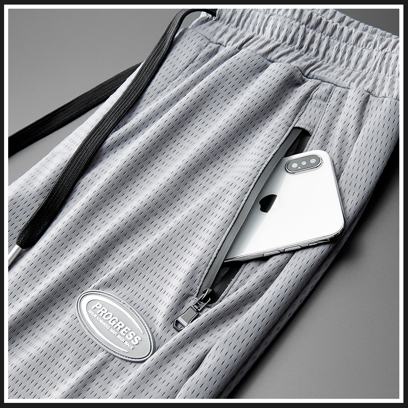 Men's Athletic Jogger Pants, Elastic Casual Pants, 2026 Summer Ice Silk New Thin Style, Mesh Hollow Quick-Dry Nine-Point Length