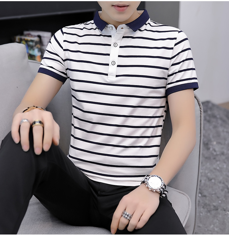 Mùa hè ngắn tay áo thun nam ve áo polo thương hiệu thủy triều phiên bản Hàn Quốc đơn giản tự canh tác nửa hoang dã sọc xu hướng quần áo nam - Polo áo cotton nam