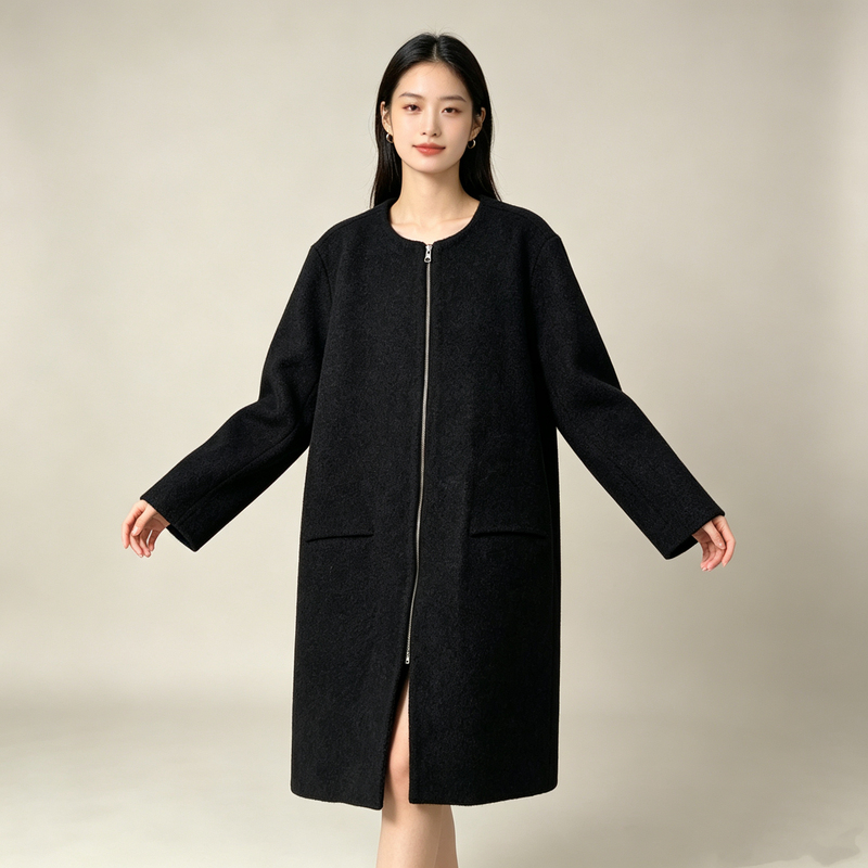 In Stock~Aritzia Loose-Fitting Women's Mid-Length Zip-Up Round-Neck Wool Coat 61019