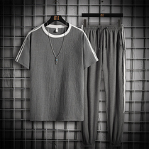 Ice silk short-sleeved T-shirt mens fashion brand loose casual sports suit with summer new linen clothes T