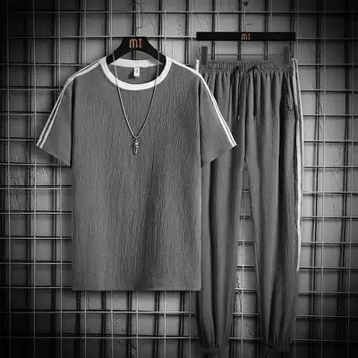 Ice silk short sleeve T-shirt men's Tide brand trend loose leisure sports suit with summer new linen clothes T