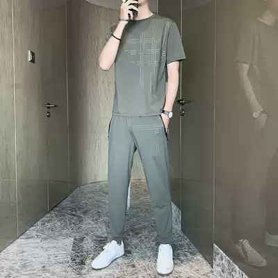 Men's T-shirt short sleeve men's with sports suit summer thin linen ice loose T-shirt casual summer wear T