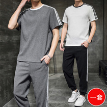 Summer short-sleeved t-shirt mens sports suit Cotton hemp ice silk top suit with tide brand half-sleeve mens T-shirt