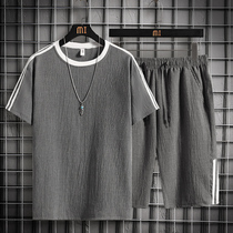 Short-sleeved t-shirt mens ice silk casual suit with tide brand trend summer thin linen suit mens clothes