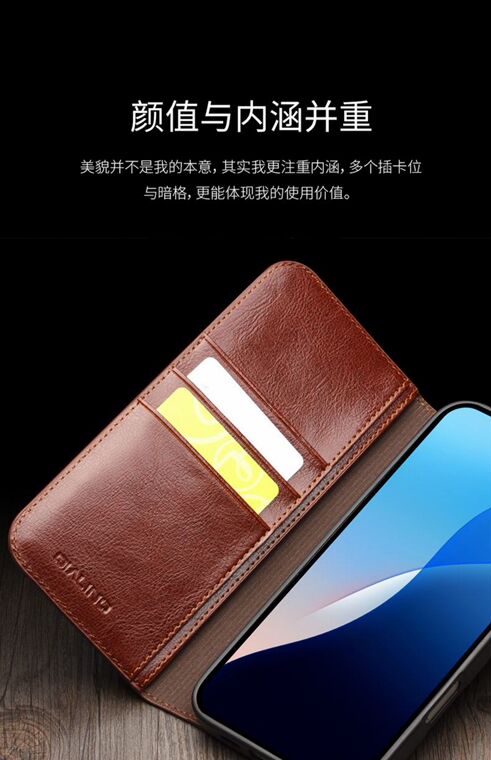 Qialino Wallets Folio Flip Business Leather Folding Stand Card Holder 16, 16 Plus, 16 Pro, 16 Pro Max iPhone Case