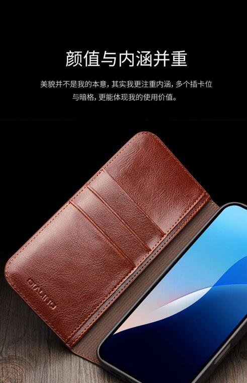Qialino Wallets Folio Flip Business Leather Folding Stand Card Holder 16, 16 Plus, 16 Pro, 16 Pro Max iPhone Case