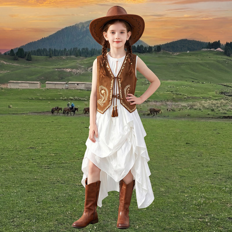 Retro Western-Style Girls' Vest Set with Irregular White Suspender Skirt, Suitable for Prairie and Xinjiang Travel Photography Children's Clothing Retro Western-Style Girls' Vest Set with Irregular White Suspender Skirt, Suitable for Prairie and Xinjiang Travel Photography Children's Clothing
