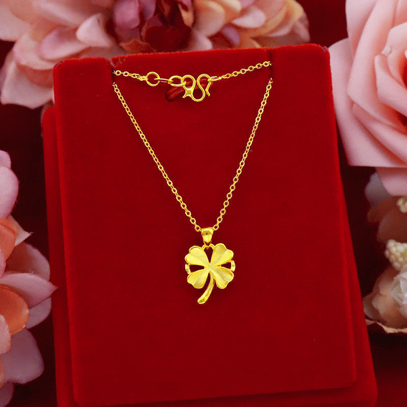 Hong Kong gold necklace 999 real gold four leaf pendant 3D hardgold loving lock chain 24k gold