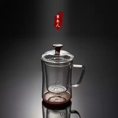 Grass and wood thickened heat-resistant glass three-piece cup Wooden bottom office cup Filter tea cup with lid Straight water cup