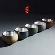 999 sterling silver tea cup Zen handmade gilt tea cup kung fu tea set coarse pottery tea bowl large inlaid Master Cup