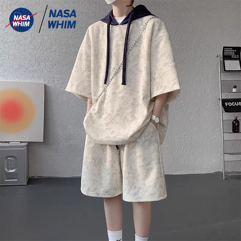 Nasa Co-Branded Summer Color-Blocked Tie-Dye Hoodie Set for Men, Loose Short-Sleeve Shorts Two-Piece Set, Trendy Casual Sportswear
