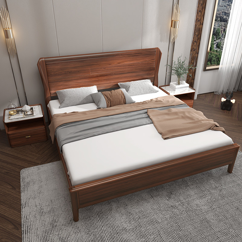 White wax wood New Chinese style Bedroom Double beds 1 8 m Wedding bed containing bed Modern minimalist small family high case solid wood