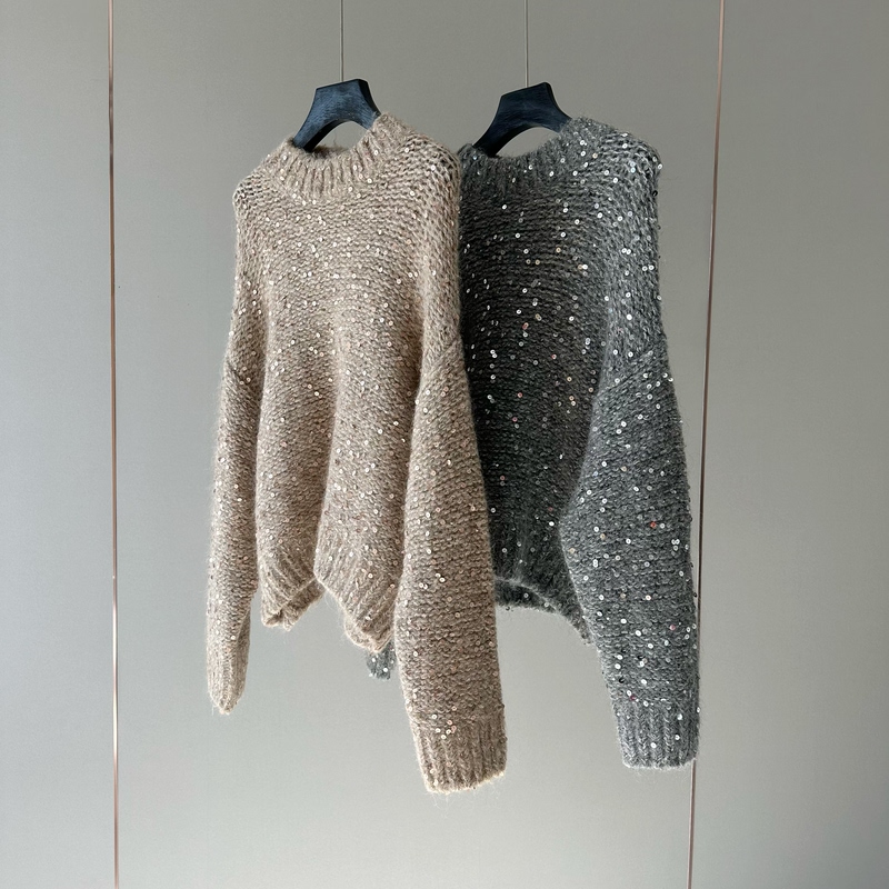 Italian Bc Heavy Industries Sparkling Sequin Mohair Blend Round Neck Pullover Sweater for Women, Fashionable Loose Knit Top