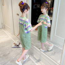 Girl Back Belt Pants Suit Summer Dress 2023 New Children Foreign Air Fashion Pure Cotton Short Sleeve Girl Casual Two Sets