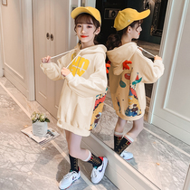 Girls mid-length sweatshirt spring autumn 2023 new children foreign air spring dress CUHK child plus suede thickened Even hat blouses