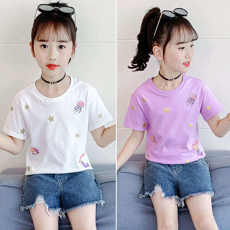 Girl short sleeve T-shirt 2022 new summer fit children Korean version T-shirt girl cartoon printed half sleeve pure cotton blouse