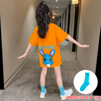 Girl mid-length T-shirt 2022 new summer dress CUHK Tong pure cotton short sleeve blouse girl cartoon loose and compassionate