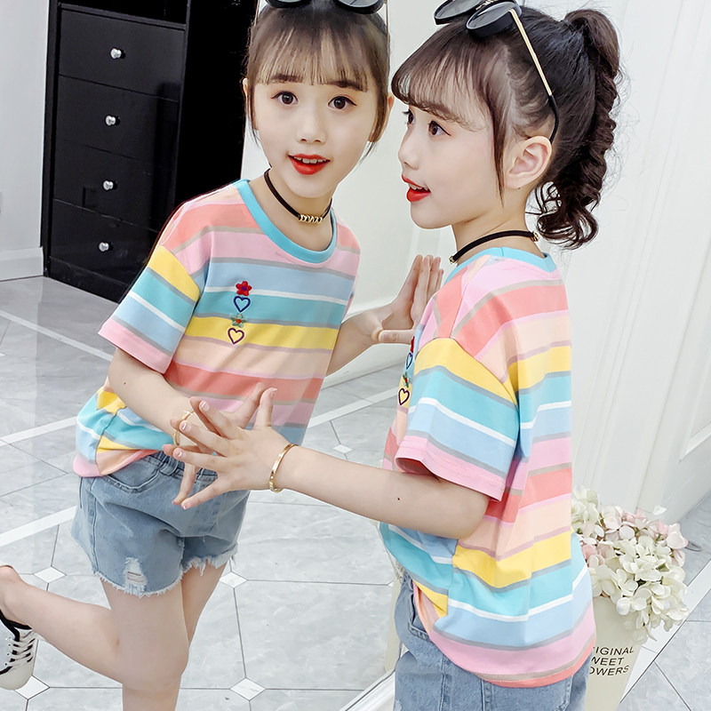 Girl Short Sleeve T-shirt Pure Cotton Polo 2022 New Children Rainbow Striped T-shirt Girl Loose Summer Clothing Blouse