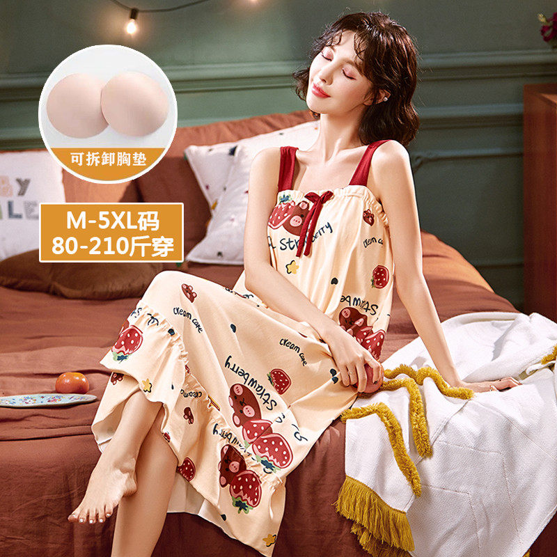 Night dress women's summer thin suspenders sexy cotton fat mm loose large size 200 pounds cute pajamas come with chest pads