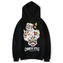 National tide autumn and winter plus velvet Chinese wind lion tide card loose size student trend hip hop pullover sweater Male Hooded