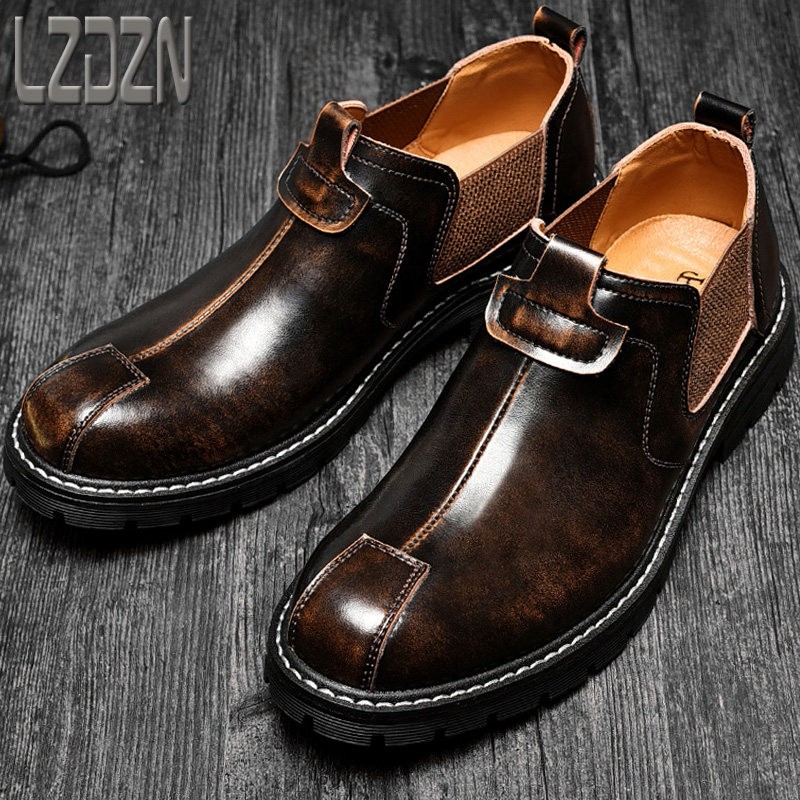 No shoestring casual overalls Men's shoes Head genuine leather shoes Martin boots Chelsea boots Autumn low Help retro Fall-Taobao