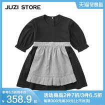 JUZI STORE Childrens Clothing Drawing Needle Rib Apron Modeling Mid-Sleeve Long Dress Girls 1926525
