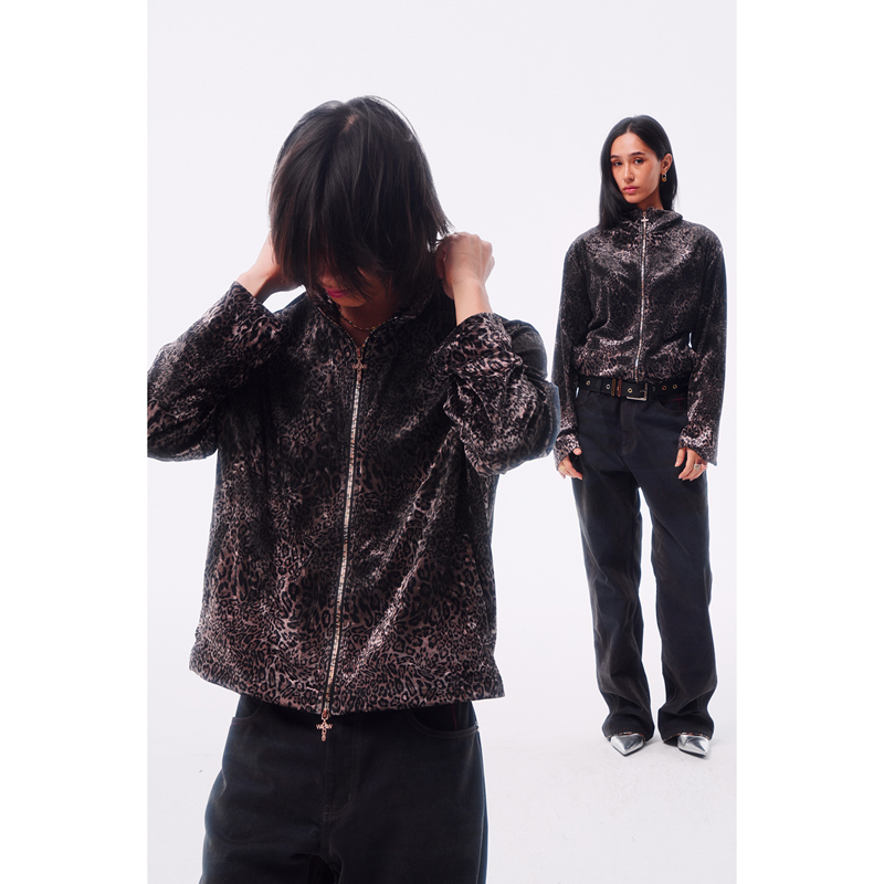 Wangxingyu Leopard Print Velvet Double-Ended Zipper Distressed Spray-Painted Fitted Stand Collar Jacket Wangxingyu Leopard Print Velvet Double-Ended Zipper Distressed Spray-Painted Fitted Stand Collar Jacket