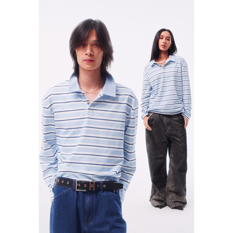 Wangxingyu Cross Silhouette Totem Print Baby Blue Casual Striped Polo Shirt Long Sleeve Wangxingyu Cross Silhouette Totem Print Baby Blue Casual Striped Polo Shirt Long Sleeve