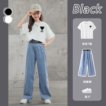 Female big child suit summer thin personality new style fashionable casual T-shirt short sleeve Ice Silk jeans children summer 1