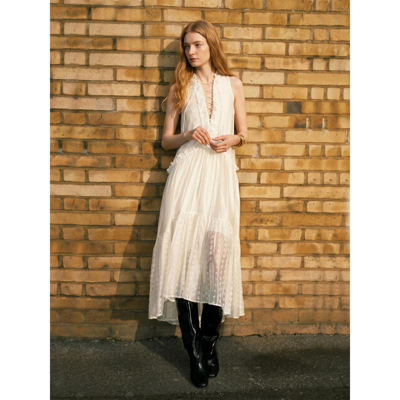 French-Style Romantic Summer Lyocell Blend Sleeveless Lace Patchwork Large Hem Heavy-Duty Mid-Length Dress for Women Summer