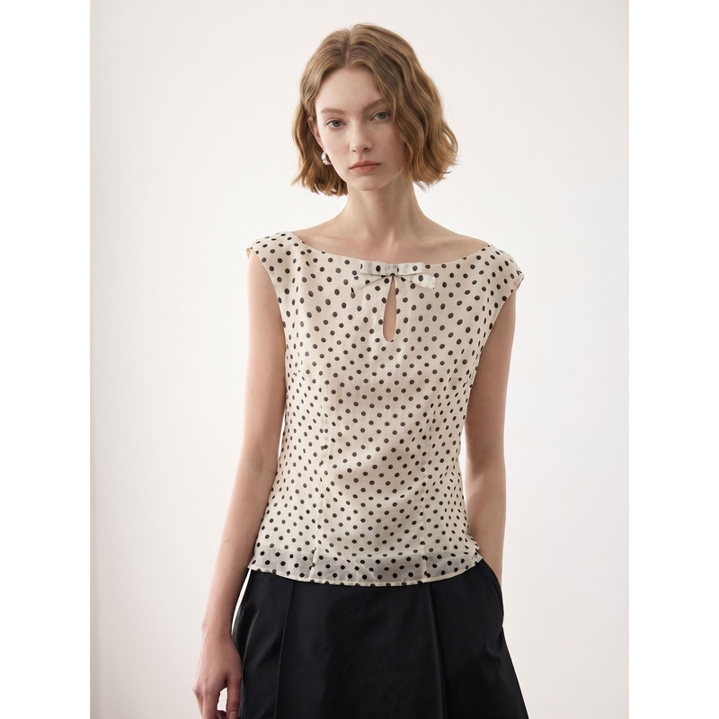 French Retro Polka Dot Boat Neck Waist-Cinching Sleeveless Top for Women, Summer Hemp Mulberry Silk Breathable Skin-Friendly Elegant Blouse French Retro Polka Dot Boat Neck Waist-Cinching Sleeveless Top for Women, Summer Hemp Mulberry Silk Breathable Skin-Friendly Elegant Blouse